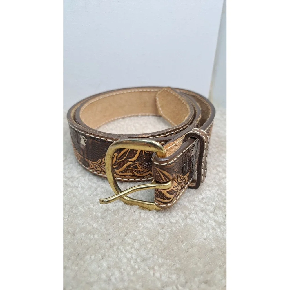 3D Belt Co Vintage Western Brown Tooled Leather Belt Size 34 Full Grain USA 261
